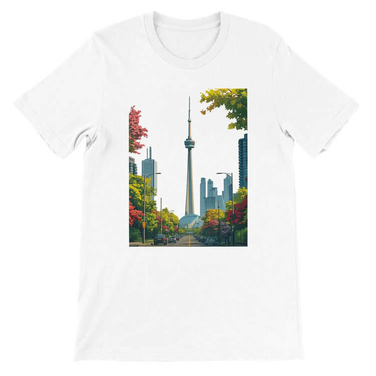 White Toronto Skyline t shirt featuring animated CN Tower graphic with vibrant cityscape art in a soft premium cotton unisex fit. Stylish travel inspired streetwear top for urban fashion lovers and world landmark enthusiasts. Perfect eco friendly DTG printed tee for casual everyday outfits and global culture expression.