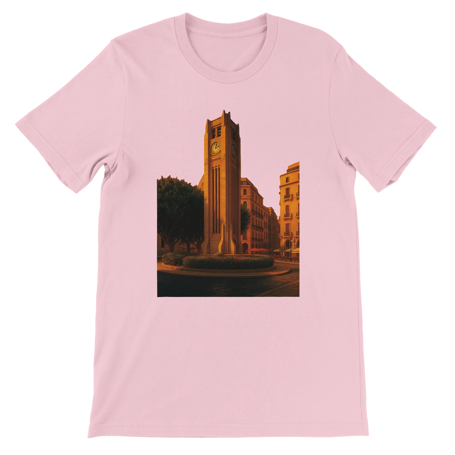 Pink Solidere Square Beirut animated landmark t-shirt with vibrant DTG printing on soft cotton fabric for urban streetwear casual travel outfits and artistic city inspired fashion styles