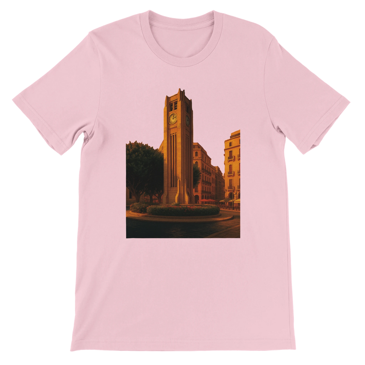 Pink Solidere Square Beirut animated landmark t-shirt with vibrant DTG printing on soft cotton fabric for urban streetwear casual travel outfits and artistic city inspired fashion styles