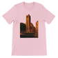Pink Solidere Square Beirut animated landmark t-shirt with vibrant DTG printing on soft cotton fabric for urban streetwear casual travel outfits and artistic city inspired fashion styles