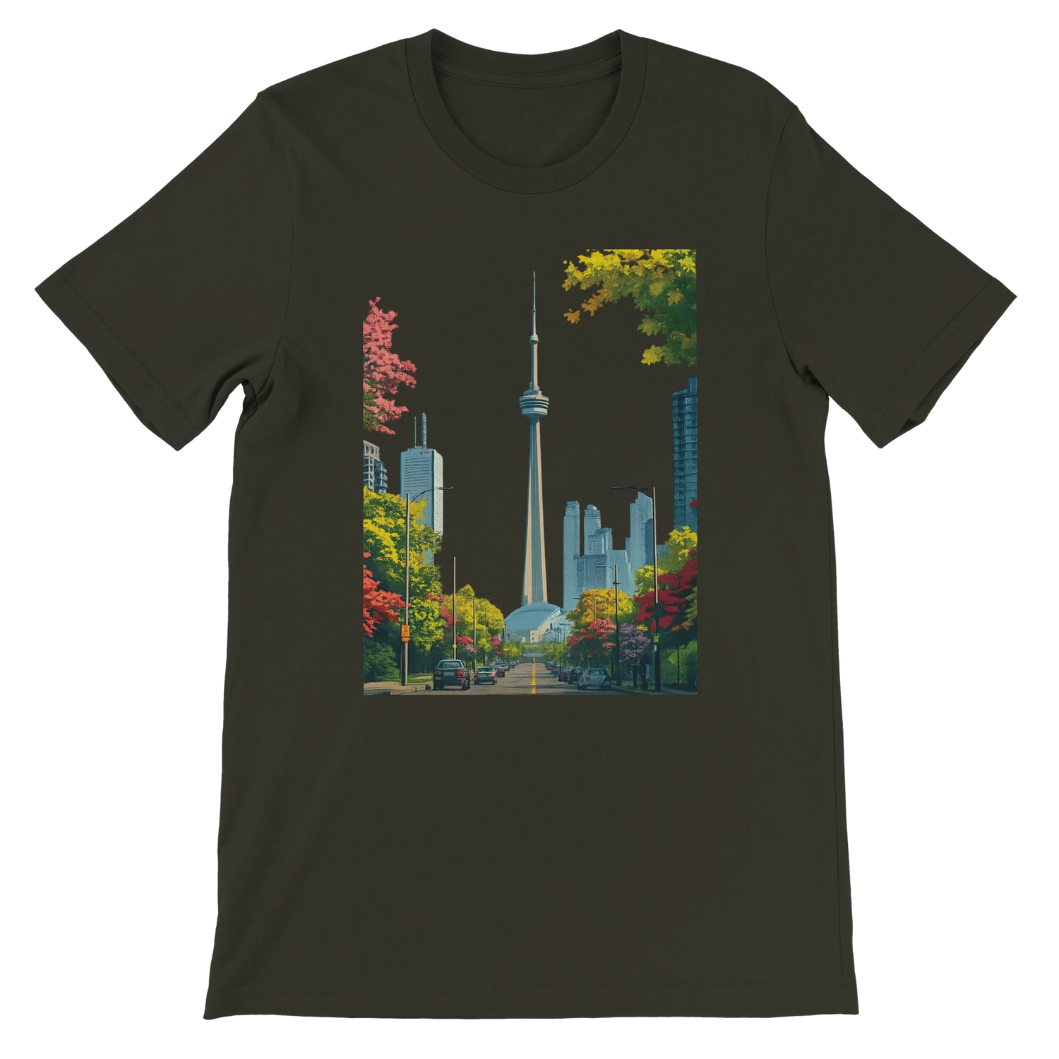Dark olive Toronto skyline shirt with animated CN Tower artwork on premium soft cotton. Designed for urban explorers and global culture lovers who enjoy wearing iconic cityscapes. Comfortable unisex tee with eco friendly materials and modern streetwear appeal.