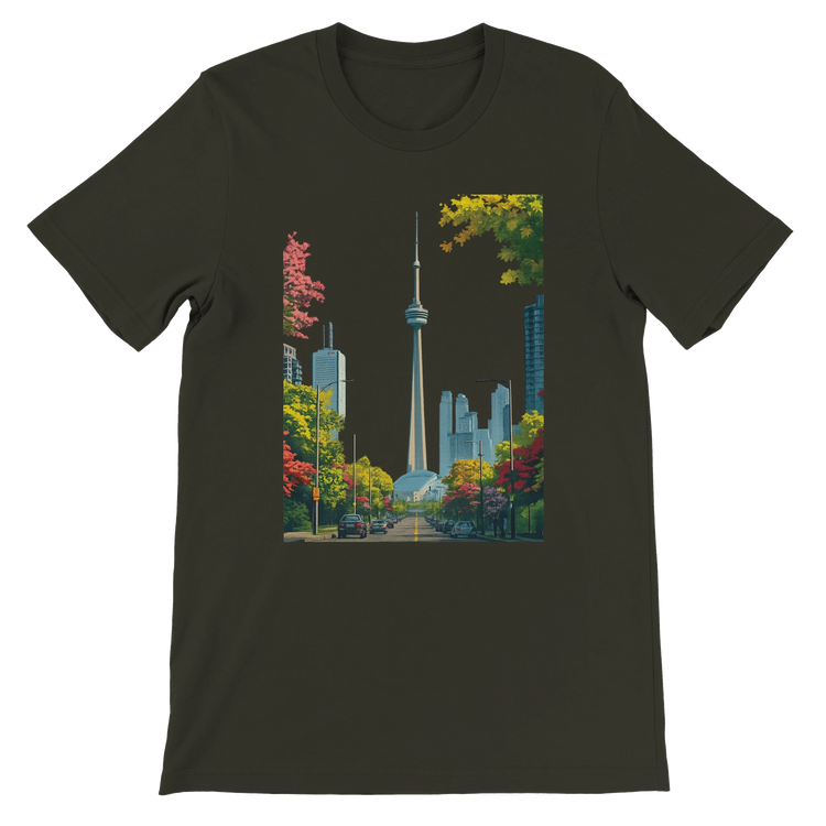 Dark olive Toronto skyline shirt with animated CN Tower artwork on premium soft cotton. Designed for urban explorers and global culture lovers who enjoy wearing iconic cityscapes. Comfortable unisex tee with eco friendly materials and modern streetwear appeal.