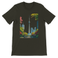 Dark olive Toronto skyline shirt with animated CN Tower artwork on premium soft cotton. Designed for urban explorers and global culture lovers who enjoy wearing iconic cityscapes. Comfortable unisex tee with eco friendly materials and modern streetwear appeal.