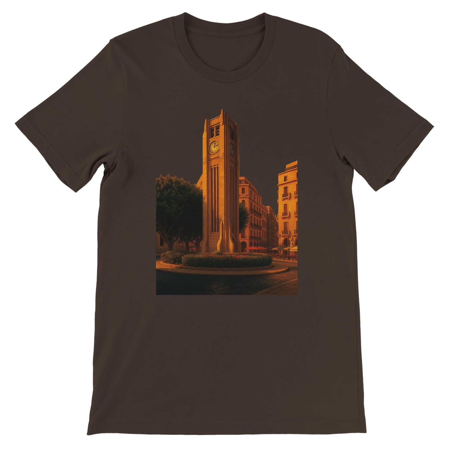 Brown Solidere Square Beirut animated landmark t-shirt crafted from soft eco friendly cotton with DTG printing for authentic city culture inspired streetwear and casual travel outfits