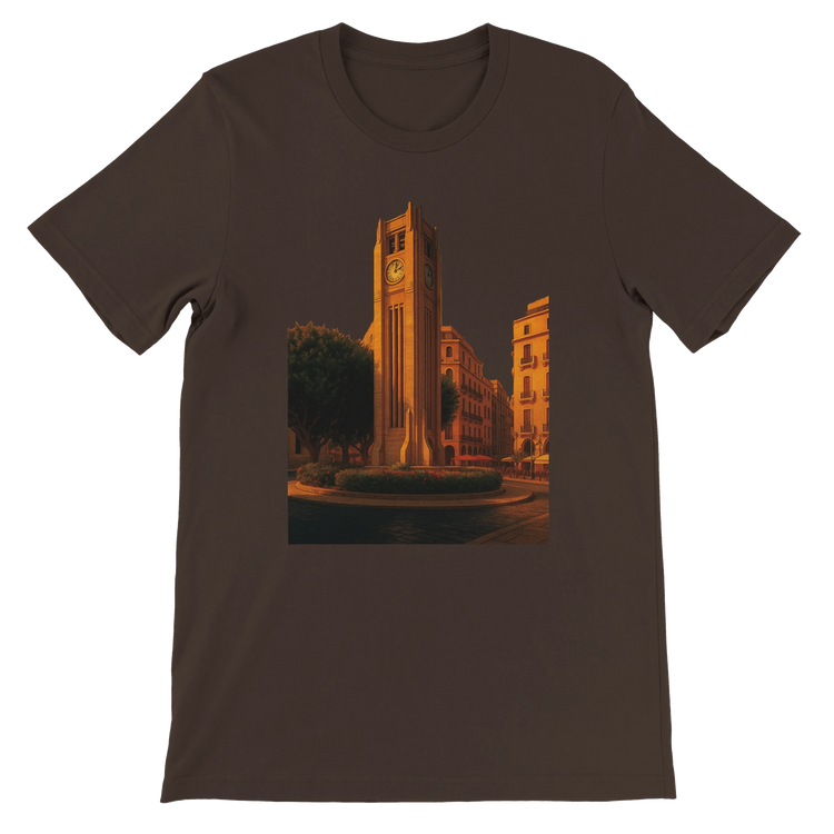 Brown Solidere Square Beirut animated landmark t-shirt crafted from soft eco friendly cotton with DTG printing for authentic city culture inspired streetwear and casual travel outfits