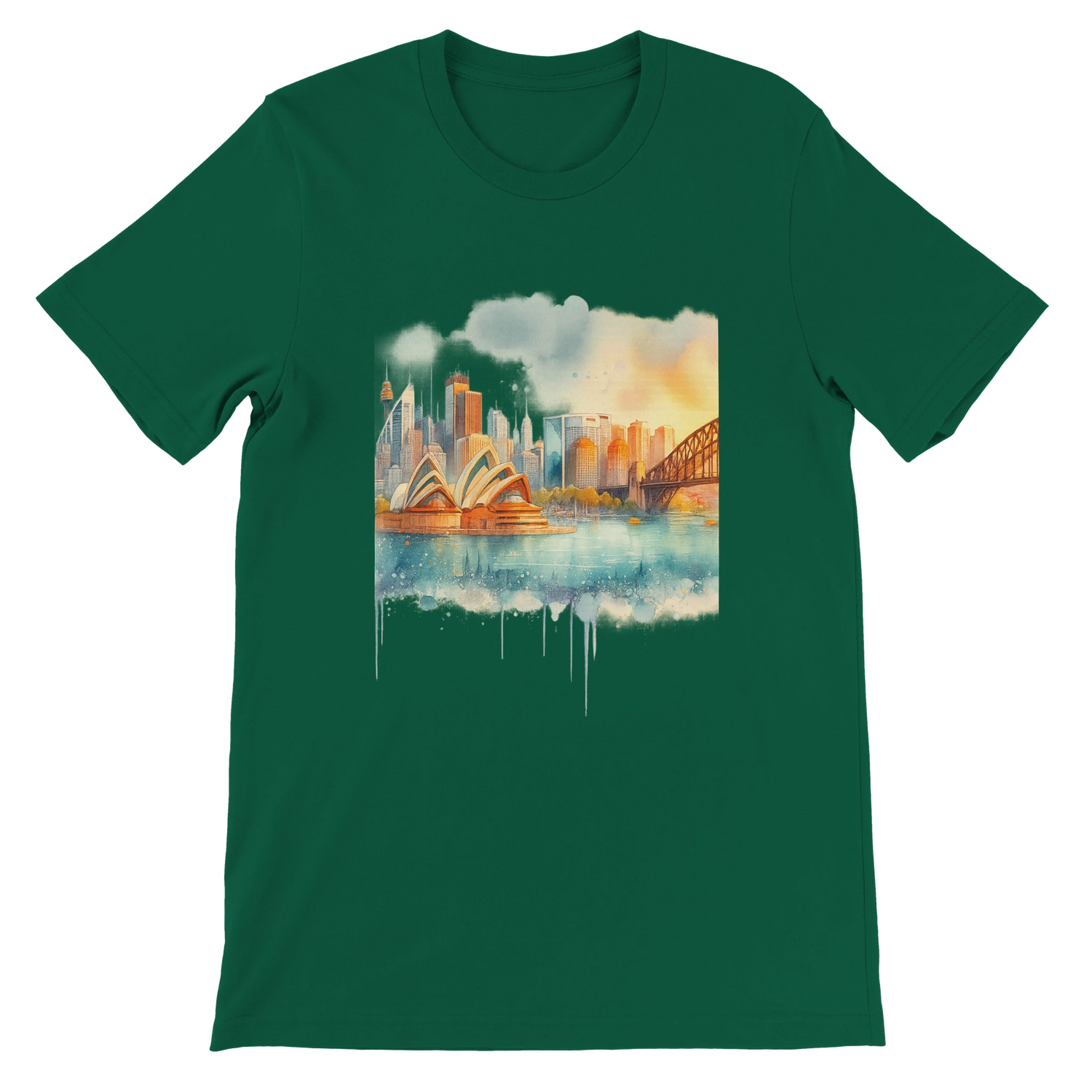 Evergreen green t-shirt with animated Sydney Opera House and Harbour Bridge design for nature-inspired global travelers. Built with eco-friendly cotton and tailored for comfort, ideal for DTG prints and travel lifestyle aesthetics.