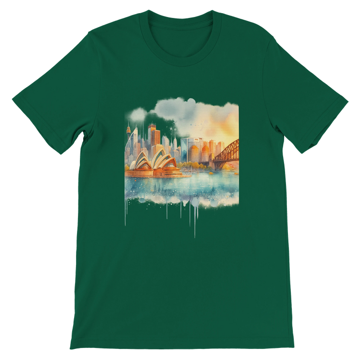 Evergreen green t-shirt with animated Sydney Opera House and Harbour Bridge design for nature-inspired global travelers. Built with eco-friendly cotton and tailored for comfort, ideal for DTG prints and travel lifestyle aesthetics.