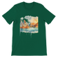 Evergreen green t-shirt with animated Sydney Opera House and Harbour Bridge design for nature-inspired global travelers. Built with eco-friendly cotton and tailored for comfort, ideal for DTG prints and travel lifestyle aesthetics.
