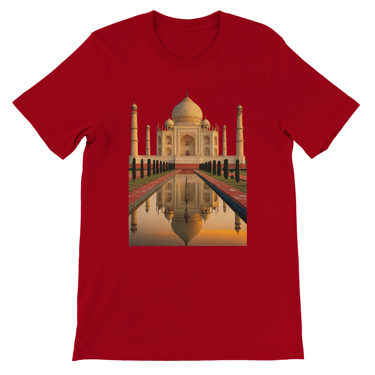 Red t-shirt with animated Taj Mahal artwork in bold vibrant colors. Unisex modern fit with breathable cotton for daily streetwear. Designed for travel lovers and cultural fashion enthusiasts seeking standout global graphic tees.