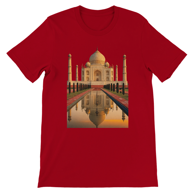 Red t-shirt with animated Taj Mahal artwork in bold vibrant colors. Unisex modern fit with breathable cotton for daily streetwear. Designed for travel lovers and cultural fashion enthusiasts seeking standout global graphic tees.