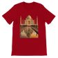 Red t-shirt with animated Taj Mahal artwork in bold vibrant colors. Unisex modern fit with breathable cotton for daily streetwear. Designed for travel lovers and cultural fashion enthusiasts seeking standout global graphic tees.