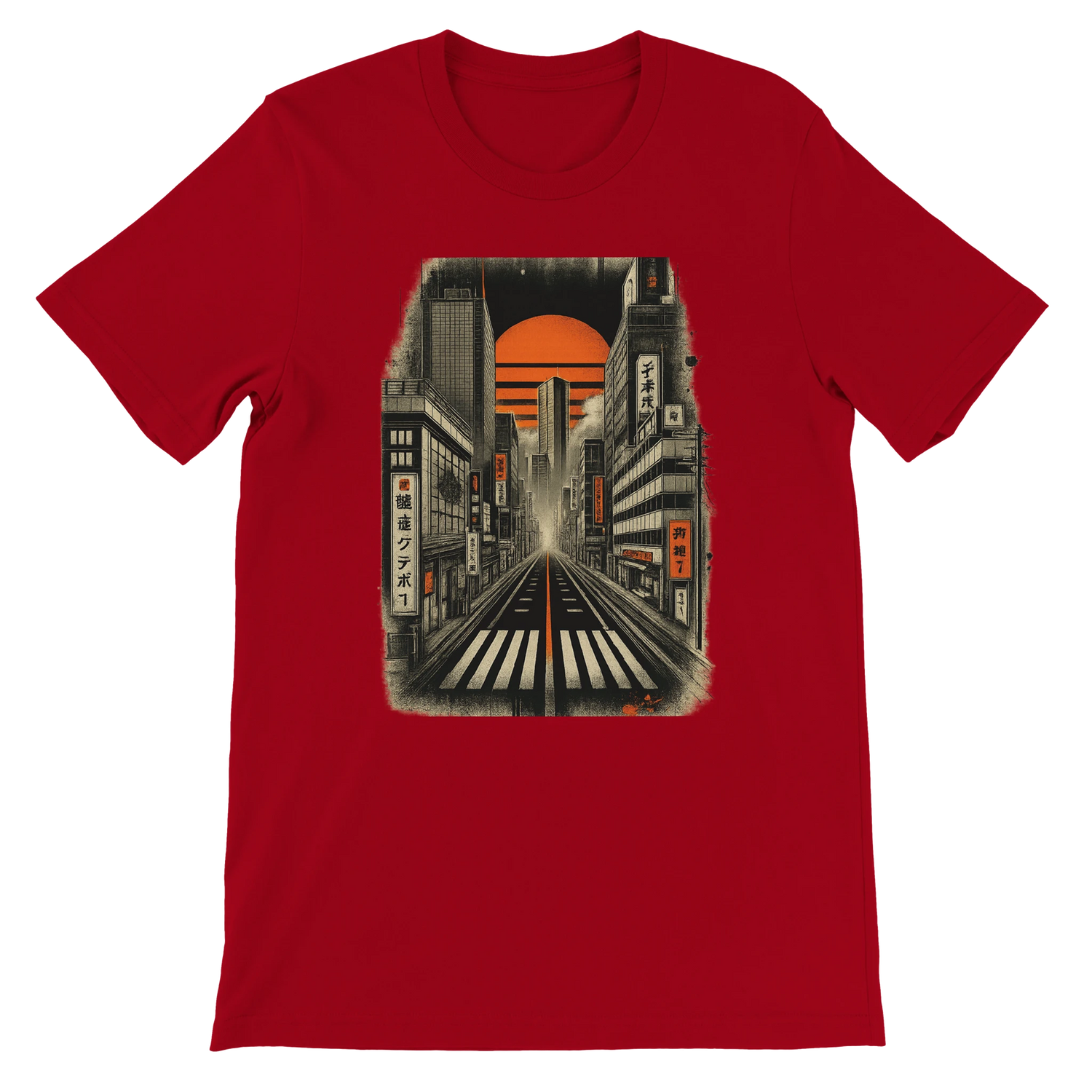 Red Tokyo Nights animated graphic tee featuring bold neon city lights and Japanese night culture design premium cotton fabric eco friendly unisex fit perfect for Tokyo lovers anime fans and vibrant Japanese streetwear fashion