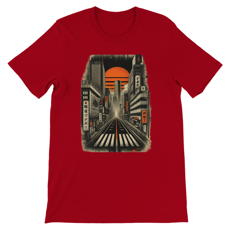 Red Tokyo Nights animated graphic tee featuring bold neon city lights and Japanese night culture design premium cotton fabric eco friendly unisex fit perfect for Tokyo lovers anime fans and vibrant Japanese streetwear fashion