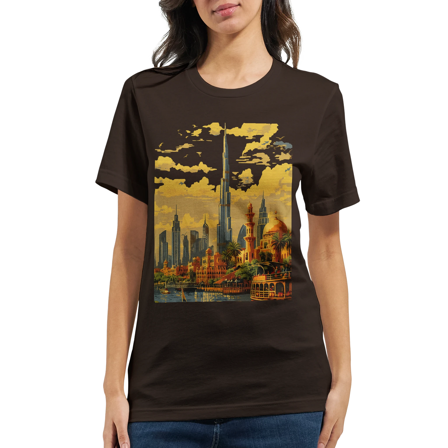 Dubai Burj Khalifa animated skyline print t shirt for world travelers modern street style fans and city landmark lovers premium unisex cotton tee offering vibrant design breathable comfort and high quality for print on demand clothing