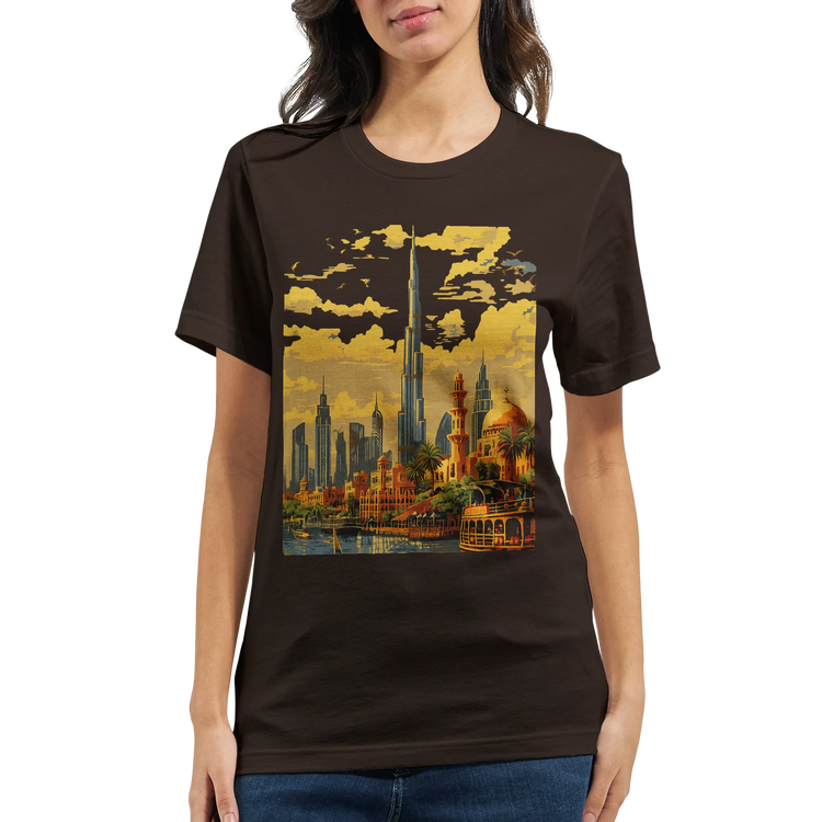 Dubai Burj Khalifa animated skyline print t shirt for world travelers modern street style fans and city landmark lovers premium unisex cotton tee offering vibrant design breathable comfort and high quality for print on demand clothing