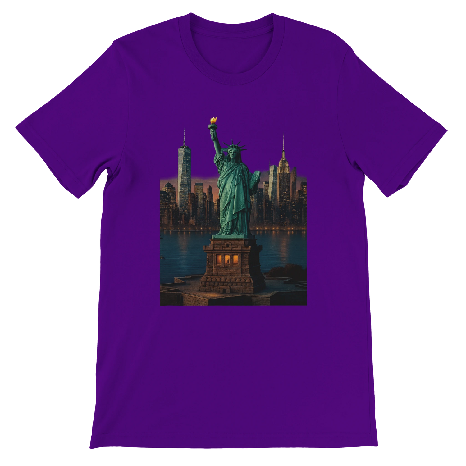 Team purple Statue of Liberty New York City animated landmark t-shirt featuring vivid animated art design. Soft cotton tee ideal for urban streetwear patriotic fashion and cultural travel lovers.
