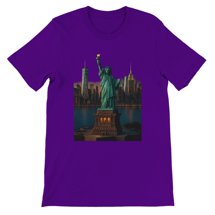 Team purple Statue of Liberty New York City animated landmark t-shirt featuring vivid animated art design. Soft cotton tee ideal for urban streetwear patriotic fashion and cultural travel lovers.