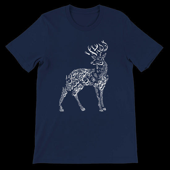 Navy calligraphy print t-shirt showcasing elegant Arabic lettering and deer motif. Crafted from soft Airlume cotton and tailored for comfort and statement-making style. Ideal for modern identity wear and urban expression.