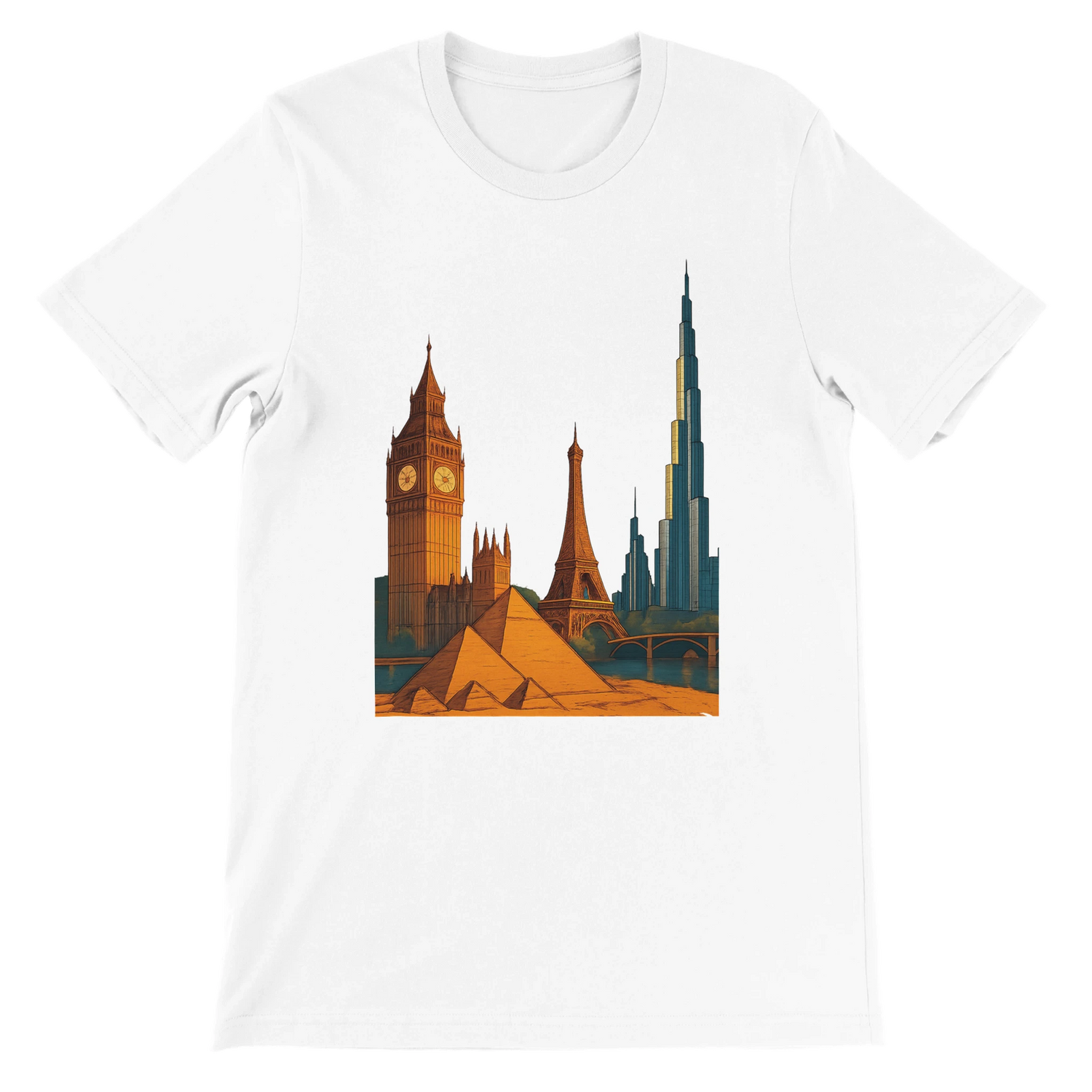 White City Landmarks Animated T Shirt featuring vibrant illustrations of world famous landmarks including the Eiffel Tower Pyramids and Big Ben. Premium unisex travel lover graphic tee made from soft cotton for architecture fans streetwear enthusiasts and wanderlust fashion lovers. Perfect for casual wear and urban outfits.