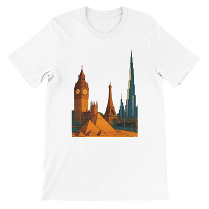White City Landmarks Animated T Shirt featuring vibrant illustrations of world famous landmarks including the Eiffel Tower Pyramids and Big Ben. Premium unisex travel lover graphic tee made from soft cotton for architecture fans streetwear enthusiasts and wanderlust fashion lovers. Perfect for casual wear and urban outfits.