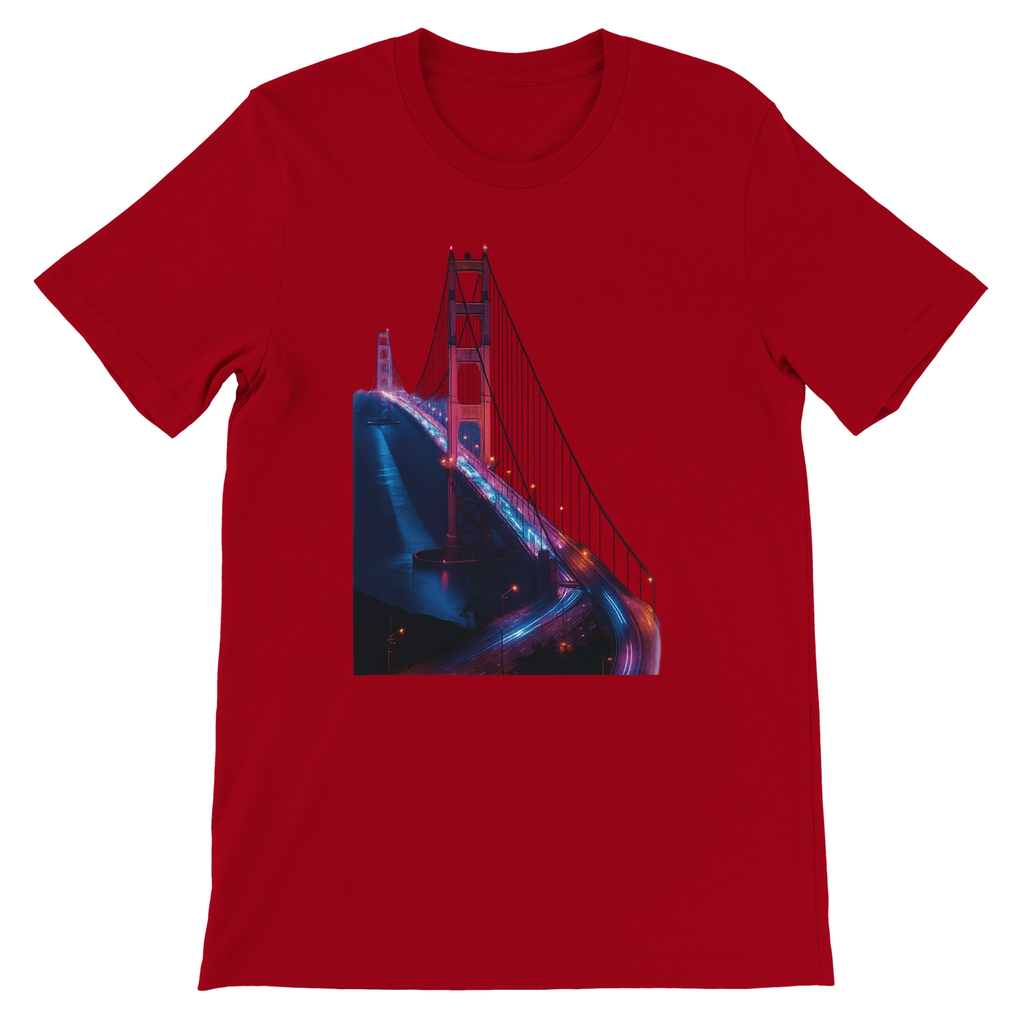 Red Golden Gate Bridge animated art shirt with bold city design for street style and travel fashion lovers. Comfortable cotton unisex tee ideal for casual wear print on demand apparel and vacation outfits.
