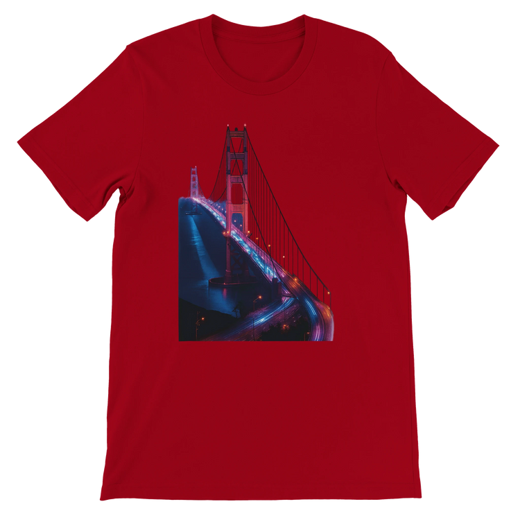 Red Golden Gate Bridge animated art shirt with bold city design for street style and travel fashion lovers. Comfortable cotton unisex tee ideal for casual wear print on demand apparel and vacation outfits.