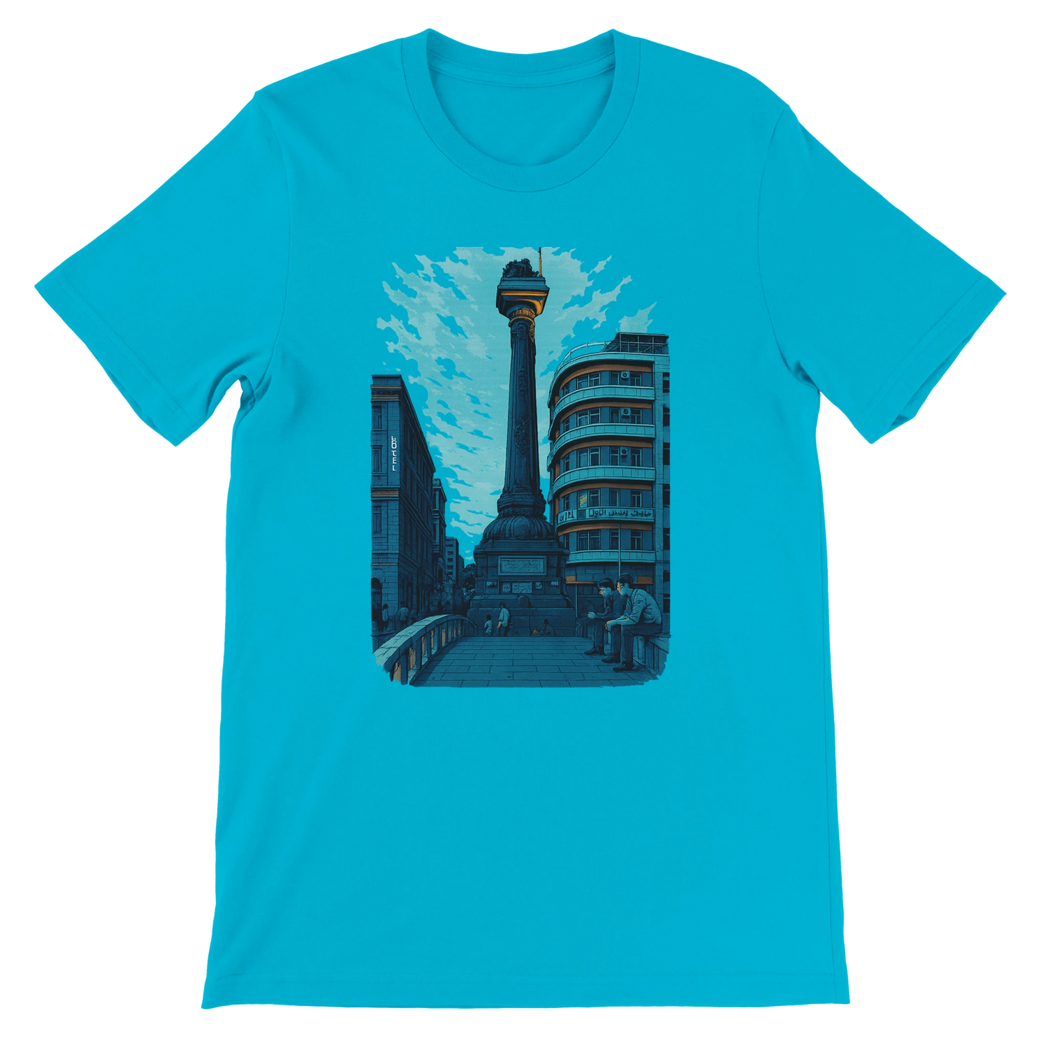 Turquoise unisex T shirt featuring animated art of Al Marjeh Square Damascus Syria soft eco friendly cotton perfect for vibrant streetwear travel outfits and print on demand products