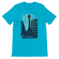Turquoise unisex T shirt featuring animated art of Al Marjeh Square Damascus Syria soft eco friendly cotton perfect for vibrant streetwear travel outfits and print on demand products
