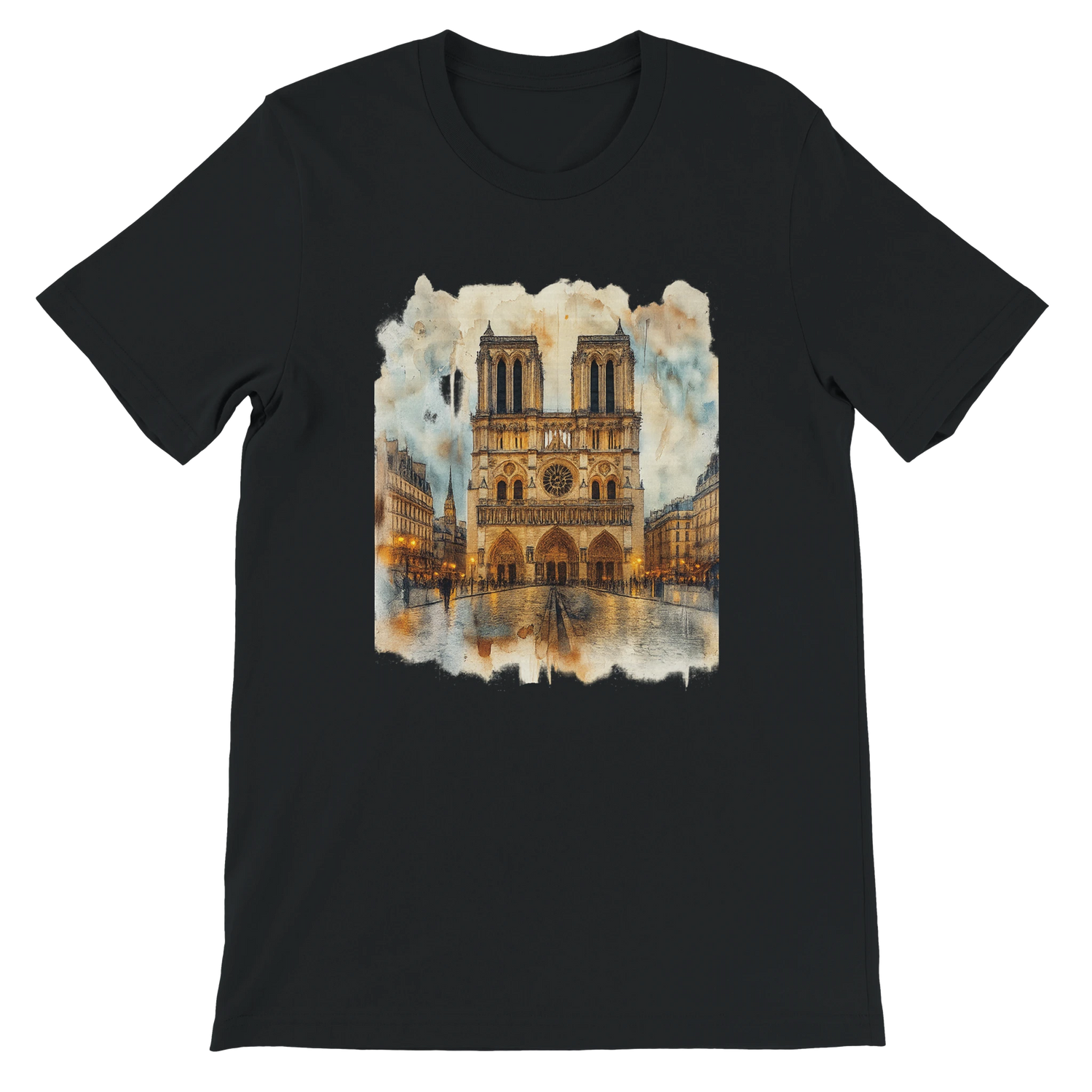 Black Notre Dame Cathedral Paris landmark art t shirt with bold animated city design. Premium eco friendly cotton tee perfect for street style, travel fashion lovers, and everyday cultural outfits.
