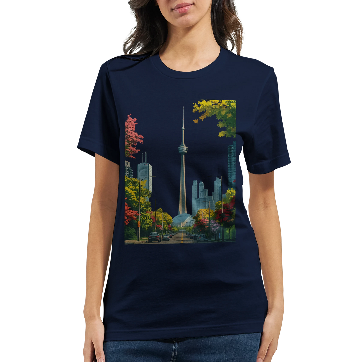 Toronto skyline t shirt with colorful animated CN Tower print and vibrant cityscape art made from soft premium cotton for travel lovers and world landmark collectors in stylish streetwear fashion.