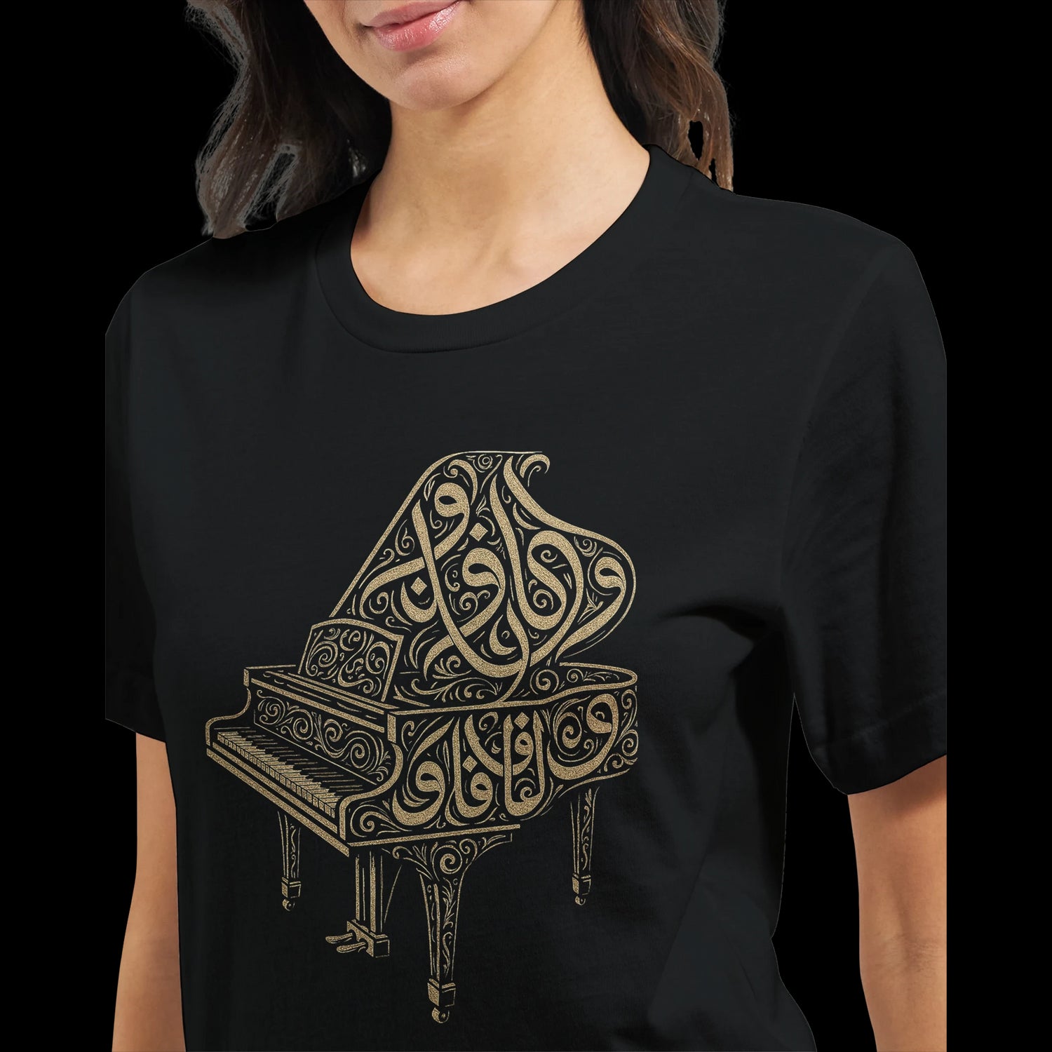 Trendy black t-shirt with piano-themed Arabic calligraphy design. Unisex tailored fit made for DTG printing, cultural pride, and expressive street fashion. Eco-friendly and high-quality cotton.