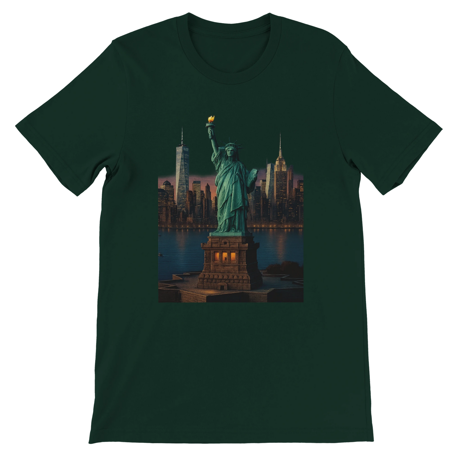 Forest green Statue of Liberty New York City animated landmark t-shirt with artistic graphic print. Soft cotton unisex shirt perfect for patriotic fashion urban outfits and travel lovers.