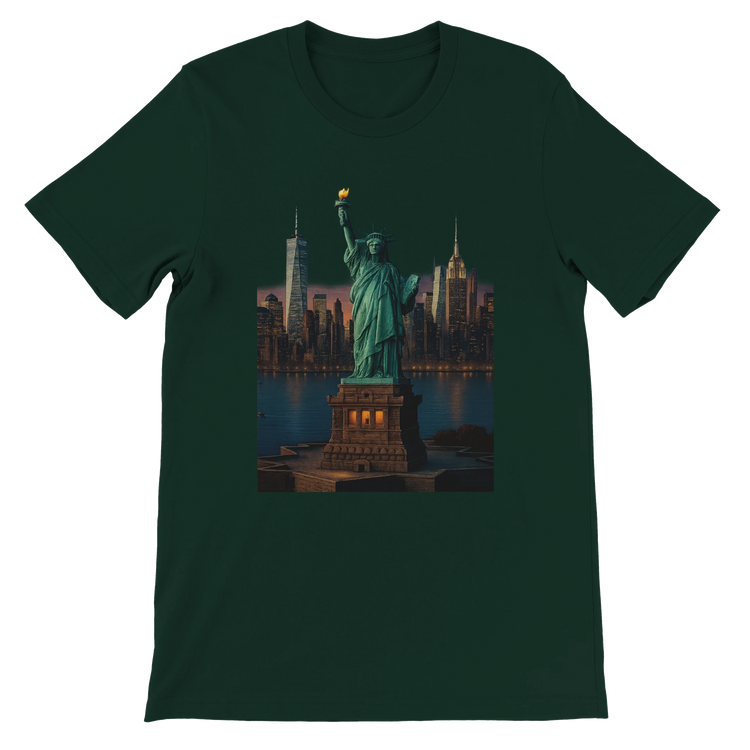 Forest green Statue of Liberty New York City animated landmark t-shirt with artistic graphic print. Soft cotton unisex shirt perfect for patriotic fashion urban outfits and travel lovers.