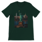 Forest green Statue of Liberty New York City animated landmark t-shirt with artistic graphic print. Soft cotton unisex shirt perfect for patriotic fashion urban outfits and travel lovers.