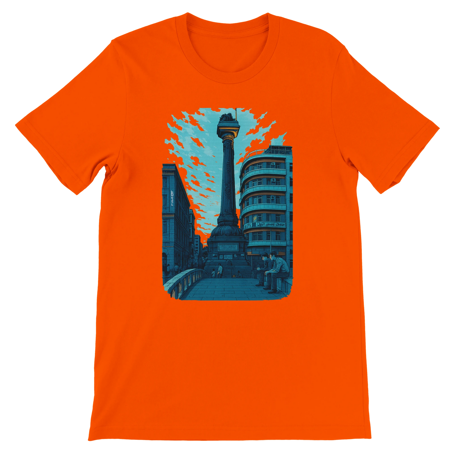 Orange premium cotton T shirt with animated Al Marjeh Square Damascus Syria illustration stylish urban fashion piece for cultural travelers art lovers and casual streetwear collections
