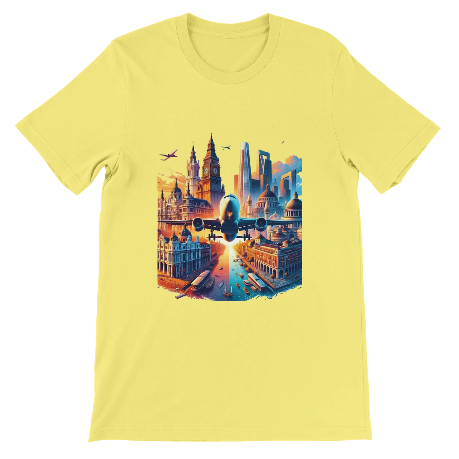 Yellow cotton t-shirt with vibrant animated illustrations of the world’s most iconic landmarks including the Eiffel Tower Big Ben and pyramids. Trendy travel inspired streetwear graphic tee for explorers global culture fans and casual urban outfits.