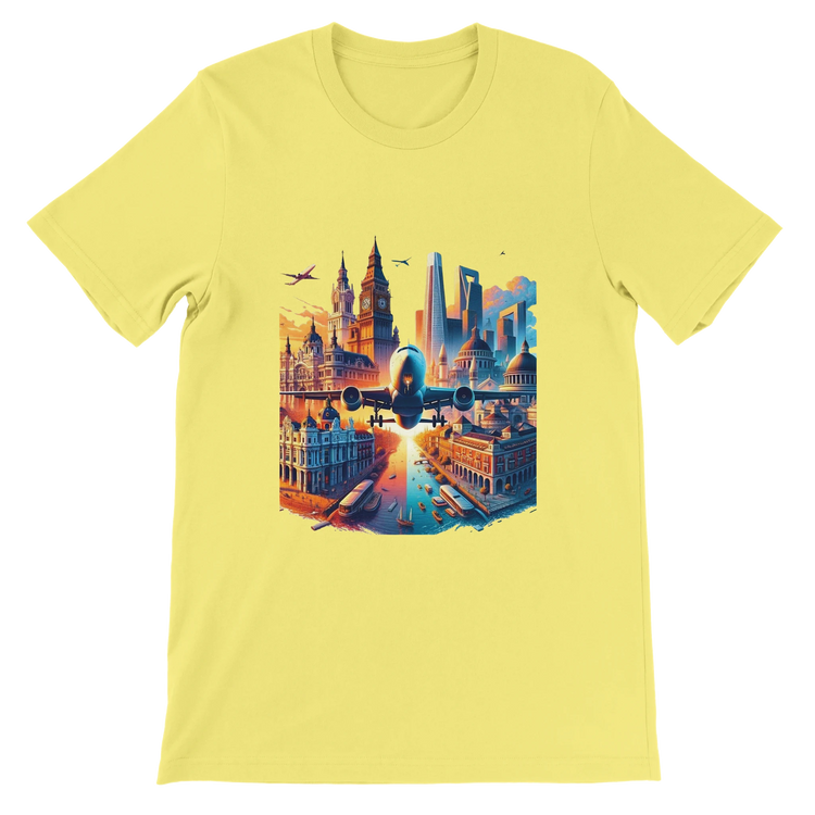 Yellow cotton t-shirt with vibrant animated illustrations of the world’s most iconic landmarks including the Eiffel Tower Big Ben and pyramids. Trendy travel inspired streetwear graphic tee for explorers global culture fans and casual urban outfits.