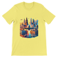 Yellow cotton t-shirt with vibrant animated illustrations of the world’s most iconic landmarks including the Eiffel Tower Big Ben and pyramids. Trendy travel inspired streetwear graphic tee for explorers global culture fans and casual urban outfits.