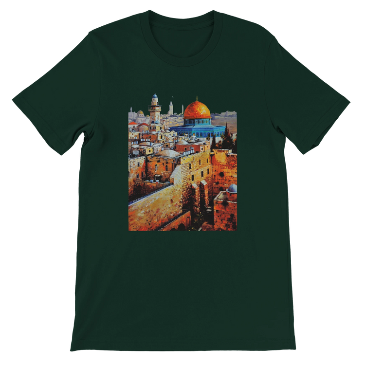 Forest green Al Aqsa Mosque animated style mosque tee with bold colorful landmark design. Comfortable unisex premium cotton T-shirt perfect for travelers cultural fashion lovers and streetwear style.
