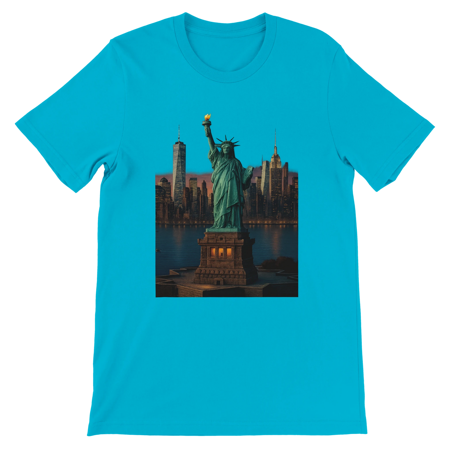 Turquoise Statue of Liberty New York City animated art t-shirt featuring colorful landmark design for a unique urban streetwear look. Soft premium cotton shirt for travel and city culture fans.