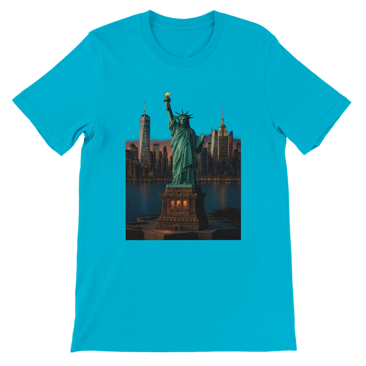 Turquoise Statue of Liberty New York City animated art t-shirt featuring colorful landmark design for a unique urban streetwear look. Soft premium cotton shirt for travel and city culture fans.