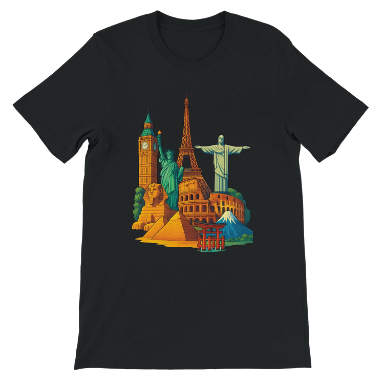 Black Famous Landmarks Animated Style T-Shirt featuring vibrant animated graphics of iconic monuments for travel lovers and urban fashion fans made in breathable premium cotton with a stylish unisex fit for tourism inspired streetwear collections