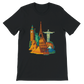 Black Famous Landmarks Animated Style T-Shirt featuring vibrant animated graphics of iconic monuments for travel lovers and urban fashion fans made in breathable premium cotton with a stylish unisex fit for tourism inspired streetwear collections