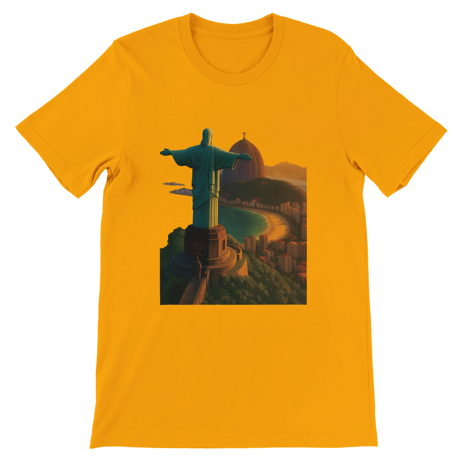 Gold Christ the Redeemer graphic t-shirt featuring animated Rio de Janeiro Brazil travel artwork. Premium soft cotton street style tee for travelers urban fashion fans and global culture enthusiasts.
