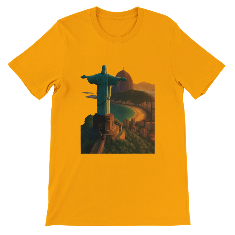 Gold Christ the Redeemer graphic t-shirt featuring animated Rio de Janeiro Brazil travel artwork. Premium soft cotton street style tee for travelers urban fashion fans and global culture enthusiasts.