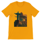 Gold Christ the Redeemer graphic t-shirt featuring animated Rio de Janeiro Brazil travel artwork. Premium soft cotton street style tee for travelers urban fashion fans and global culture enthusiasts.