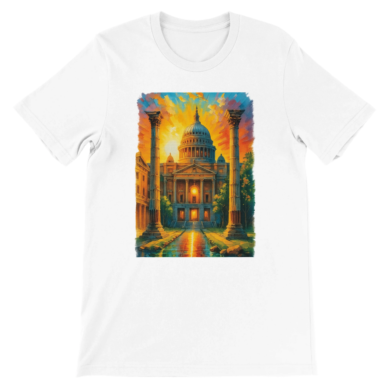 White t-shirt featuring animated St. Paul’s Cathedral graphic inspired by London architecture. Travel-inspired streetwear tee made from premium cotton, perfect for DTG printing. Unisex fit ideal for urban fashion lovers and cultural apparel fans.