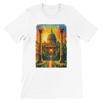 White t-shirt featuring animated St. Paul’s Cathedral graphic inspired by London architecture. Travel-inspired streetwear tee made from premium cotton, perfect for DTG printing. Unisex fit ideal for urban fashion lovers and cultural apparel fans.