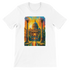 White t-shirt featuring animated St. Paul’s Cathedral graphic inspired by London architecture. Travel-inspired streetwear tee made from premium cotton, perfect for DTG printing. Unisex fit ideal for urban fashion lovers and cultural apparel fans.