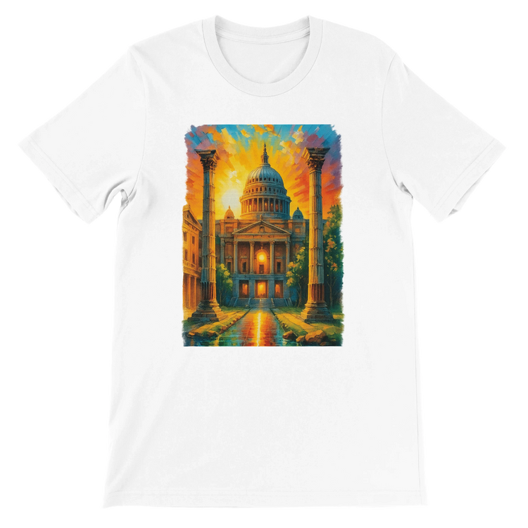 White t-shirt featuring animated St. Paul’s Cathedral graphic inspired by London architecture. Travel-inspired streetwear tee made from premium cotton, perfect for DTG printing. Unisex fit ideal for urban fashion lovers and cultural apparel fans.
